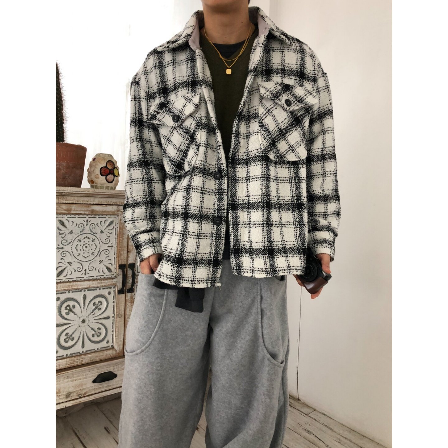 MRDONG韩国代购男装粗花呢格纹双袋衬衫式宽松外套羊毛混纺秋冬款,男装,衬衫,淘宝优惠券,粉丝福利购,淘宝优惠卷