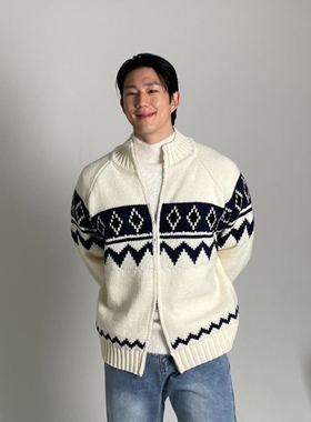 韩国代购男装直播福利秒杀RAVE重工立领几何北欧设计师开衫外套