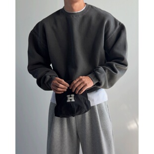 MRDONG韩国代购东大门男装复古水洗纯色圆领宽松短款休闲套头卫衣