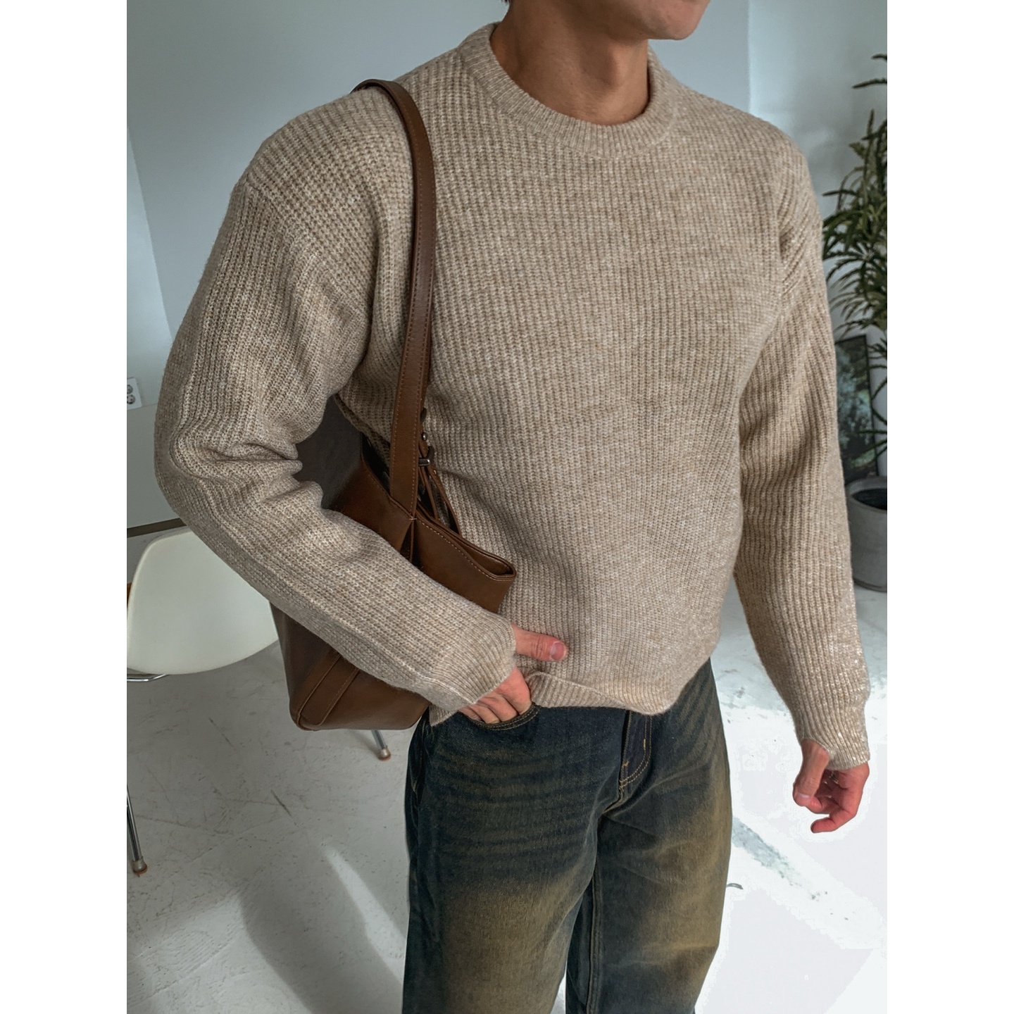 MRDONG韩国男装代购侧开衩轻熟休闲保暖套指设计师圆领针织衫毛衣