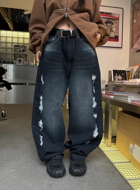 MRDONG韩国代购男女做旧破洞水洗宽松直筒牛仔裤潮流复古街头风格