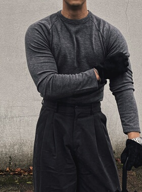 MRDONG韩国代购男装轻奢高弹肌理修身长袖T恤春季衫立体剪裁高品