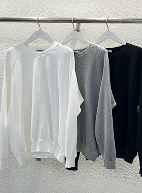 韩国男装代购HOWELL磨损破坏感damage华夫格插肩宽松圆领卫衣T恤