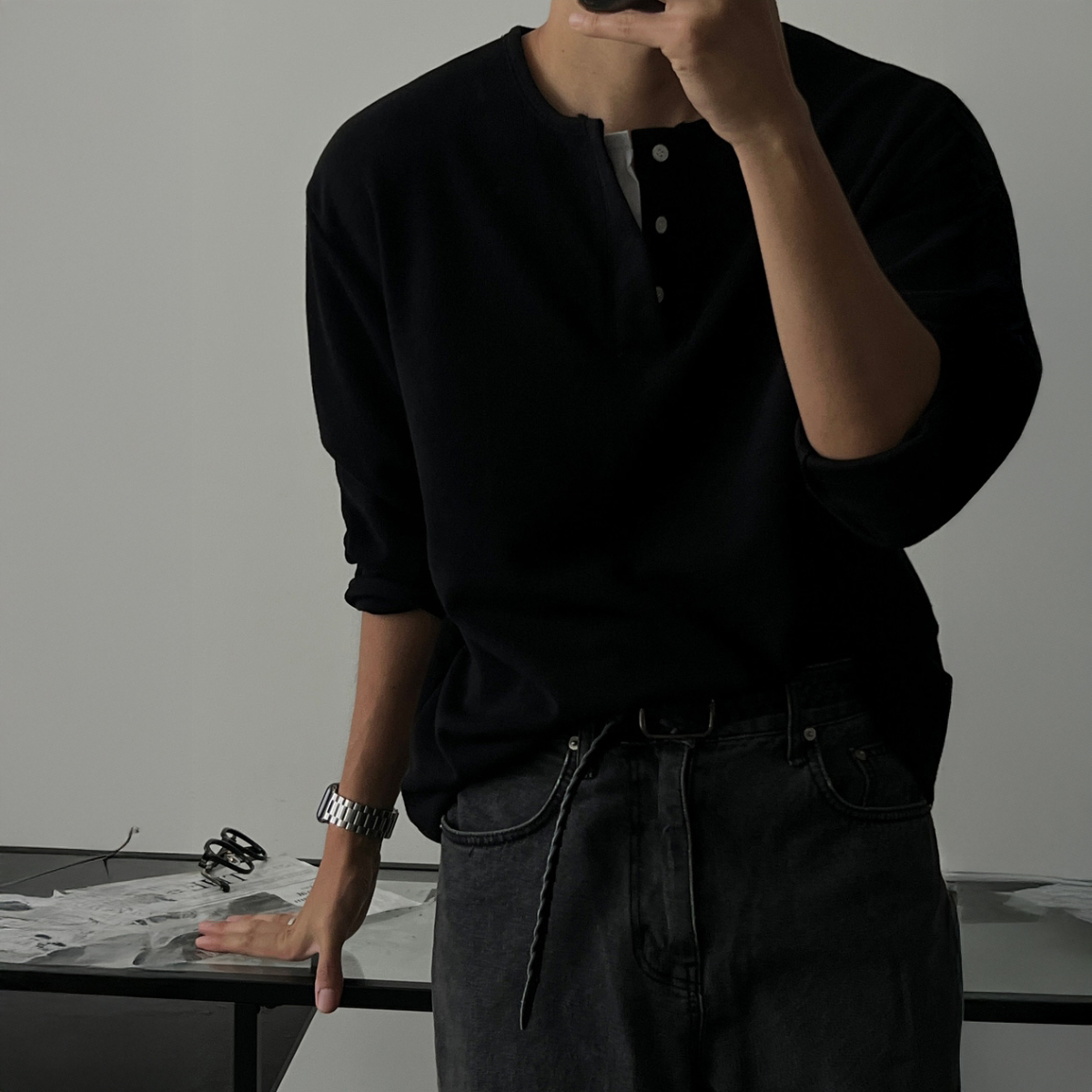 韩国男装双层亨利领假两件长袖T