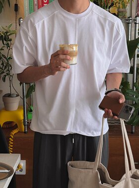 韩国代购前后拼接圆领宽松短袖T
