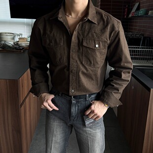 RDONG韩国代购男装西部元素双袋翻领衬衫上衣硬朗线性复古机能感