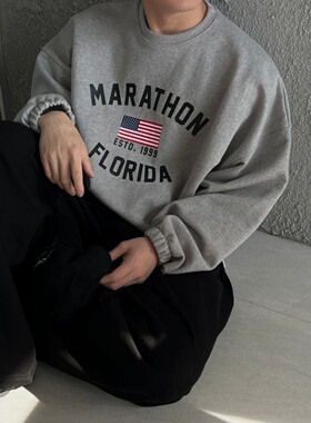 MRDONG韩国代购男装美式复古字母印花宽松圆领卫衣潮流休闲上衣