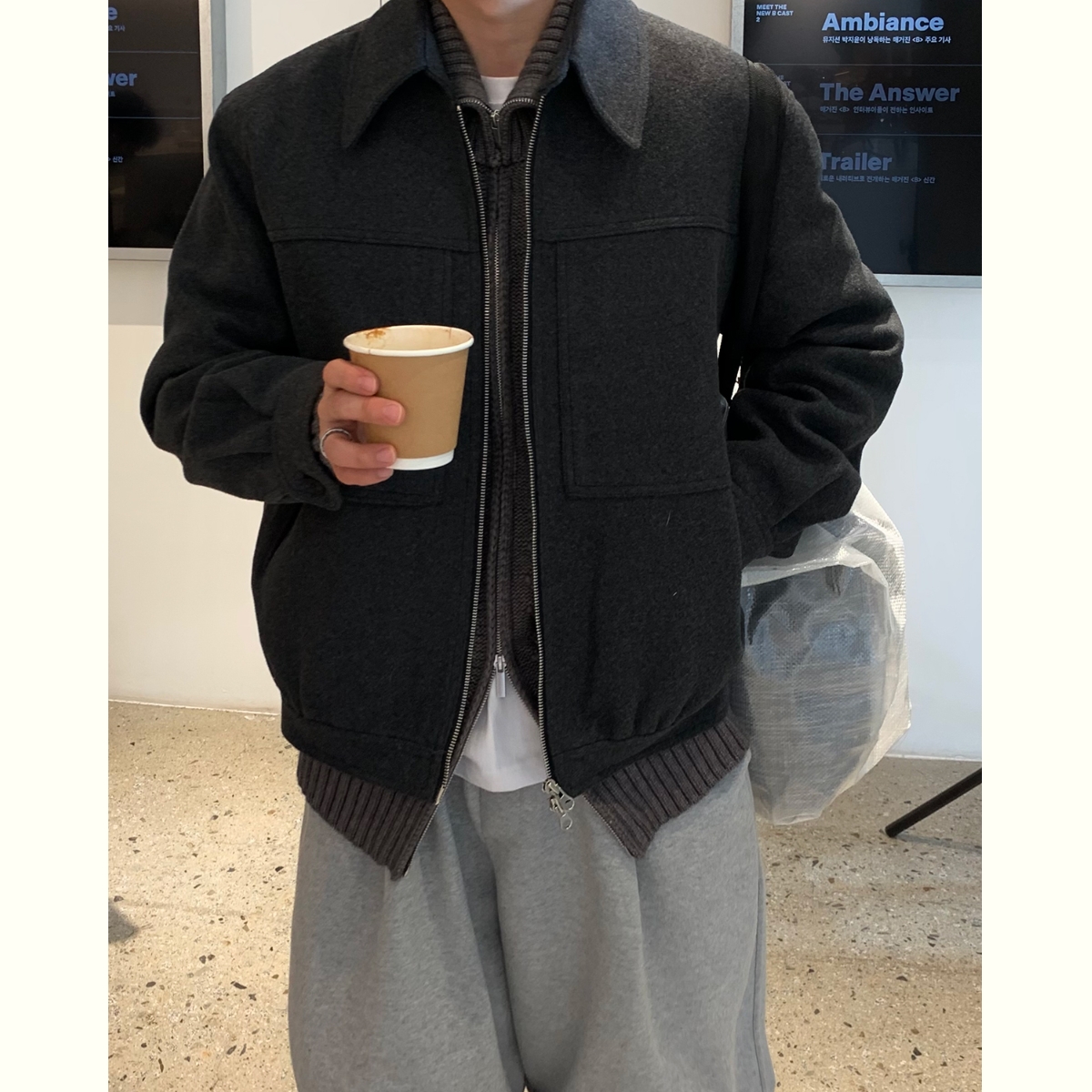 韩国男装方形切割拼接羊毛呢夹克