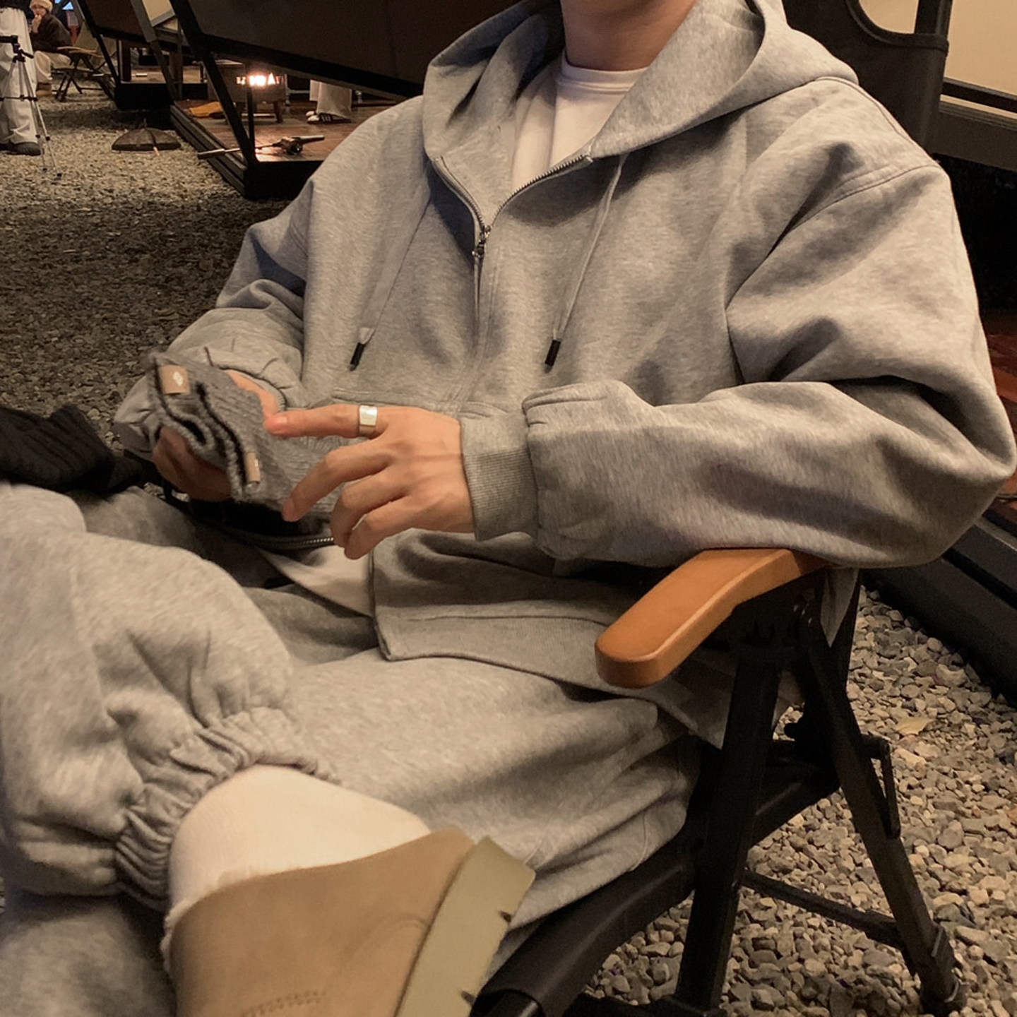 韩国男装代购直播ADEN重工绗缝内衬夹棉双向拉链宽松连帽卫衣外套