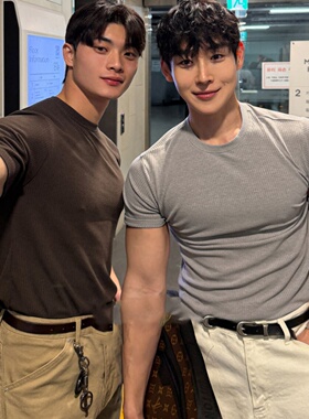 MRDONG韩国代购男装夏轻奢修身罗纹肌肉短袖弹力圆领T恤立体剪裁