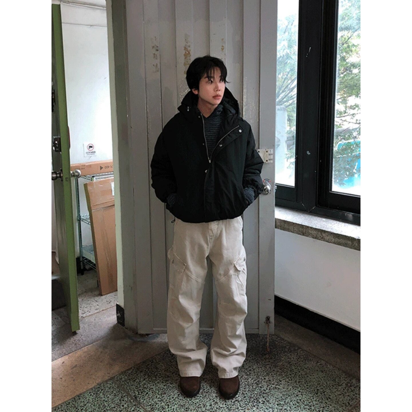 MRDONG韩国代购东大门男装简约连帽防风宽松短款休闲棉服夹克外套
