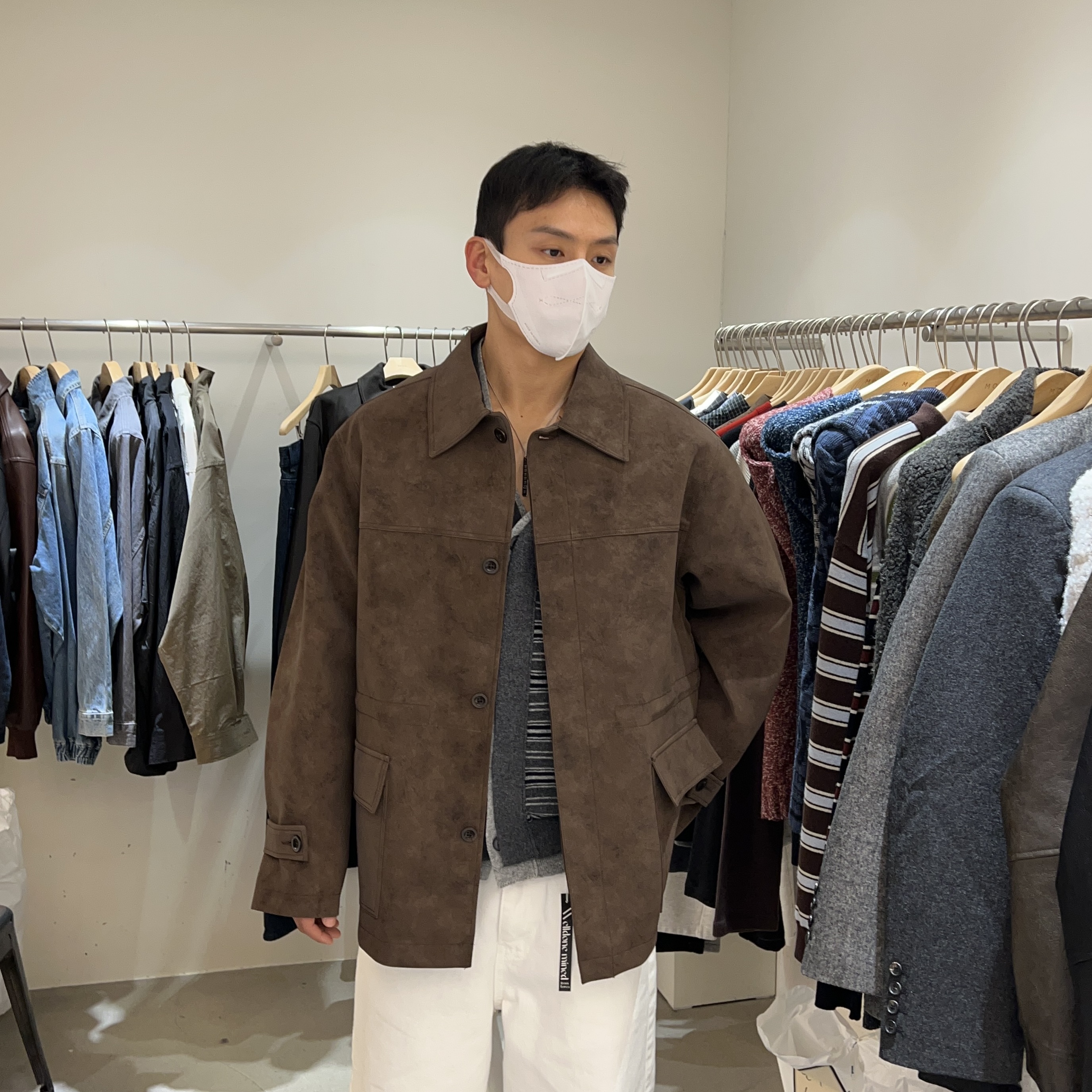 韩国男装麂皮翻领高端可束腰夹克