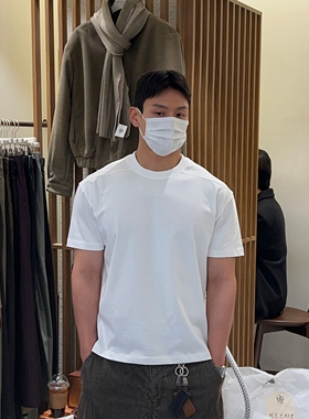 韩国男装代购直播LAINE高档精梳棉短款设计师压线秋冬打底短袖T恤