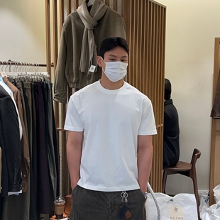 设计师压线秋冬打底短袖 直播LAINE高档精梳棉短款 T恤 代购 韩国男装