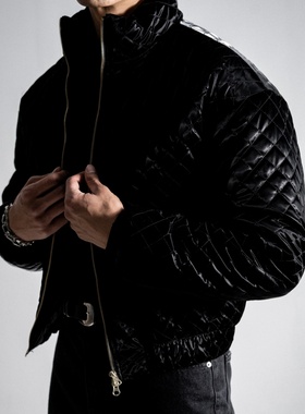 MRDONG韩国代购男装亮面菱格立领短款棉服外套街头风格保暖轻熟