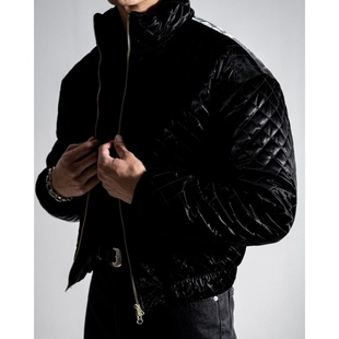 MRDONG韩国代购男装亮面菱格立领短款棉服外套街头风格保暖轻熟