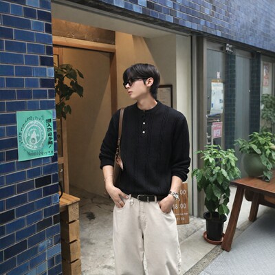 韩国代购春夏镂空亨利领针织T恤