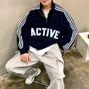 型街头 ACTIVE字母半拉链休闲卫衣宽松落肩版 MRDONG韩国代购 男装