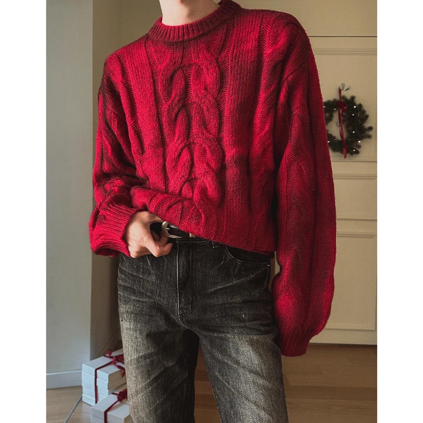 MRDONG韩国代购男装复古麻花肌理羊毛针织衫厚实质感毛衣冬款