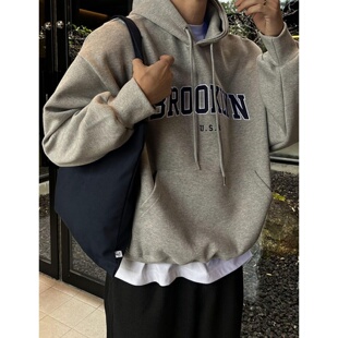 MRDONG韩国男装代购USA布鲁克林刺绣美式学院复合棉宽松连帽卫衣