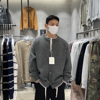 韩国男装撞色假两件针织开衫外套