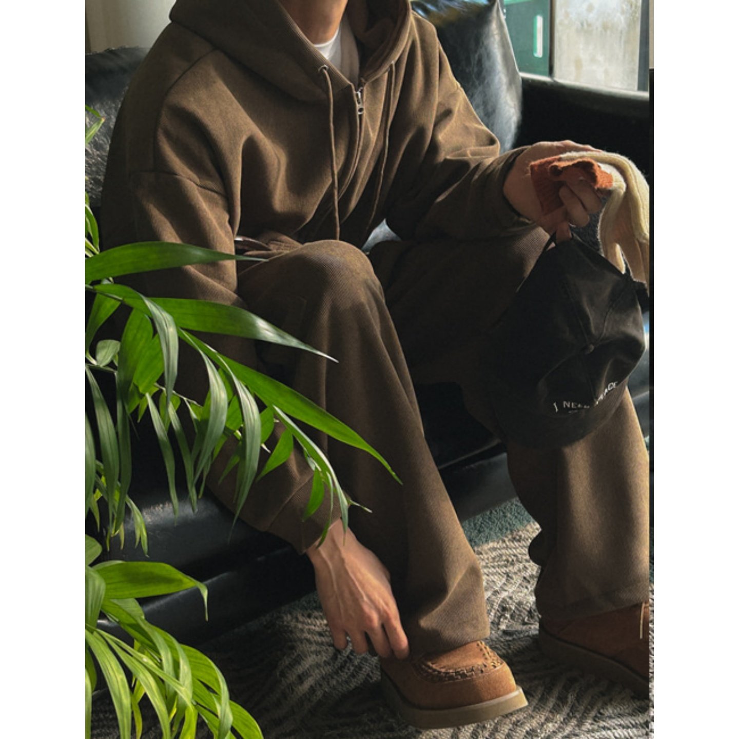 MRDONG韩国代购男装冬季麻花针织连帽套装宽松情侣连帽卫衣休闲裤