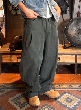 韩国男装代购直播SETTLE弧形切割拼接捏褶秋冬小众阔腿直筒休闲裤