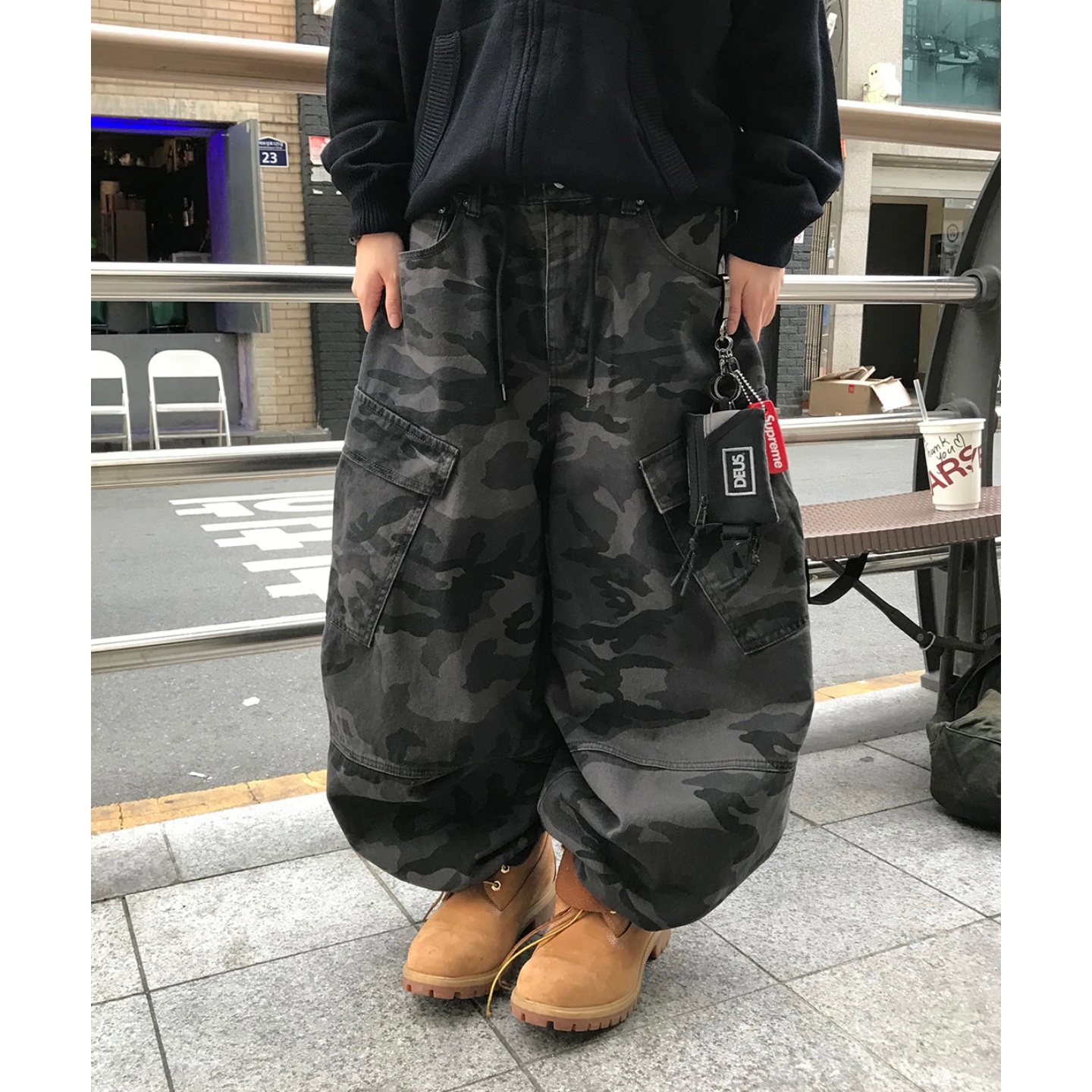 MRDONG韩国代购男女复古街头小众迷彩工装拼接阔腿balloon休闲裤