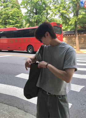 MRDONG韩国男装代购时尚纯色cropped潮流短款休闲圆领宽松短袖T恤