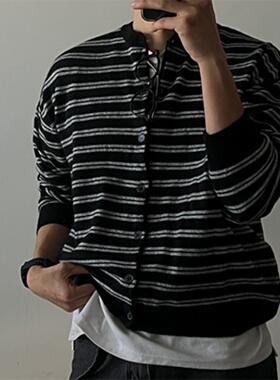 MRDONG韩国代购男装春季轻薄条纹针织圆领开衫轻复古学院气质外套