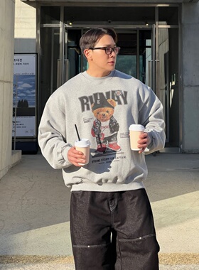 MRDONG韩国代购男装休闲街头熊图印花宽松圆领卫衣潮流气质重磅感