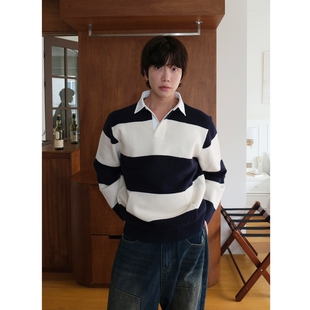 毛衣 LOGAN高档Italy面料拼色翻领宽条纹针织衫 MRDONG韩国男装 代购