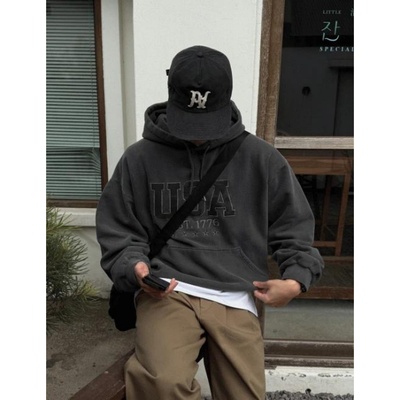 韩国代购迷彩国旗贴布连帽卫衣