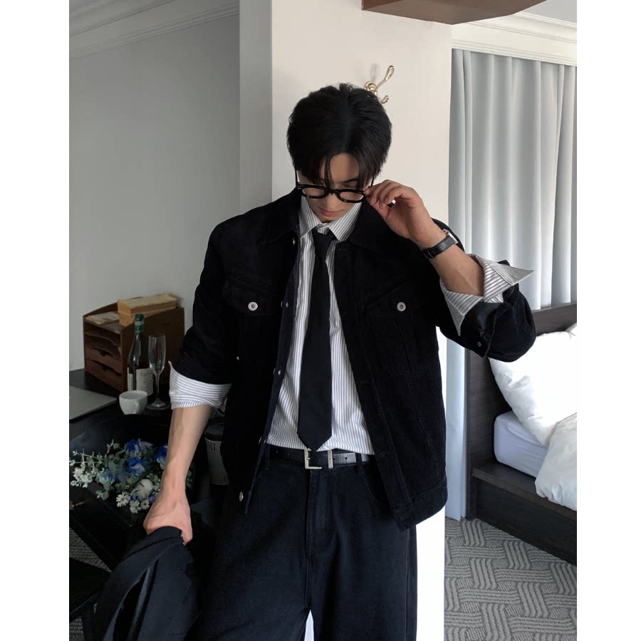 MRDONG韩国代购东大门男装短款灯芯绒翻领斜切双口袋西部夹克外套