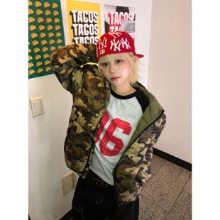 MRDONG韩国代购东大门男女太阳图案珠饰轻量绗缝连帽短款棉服外套
