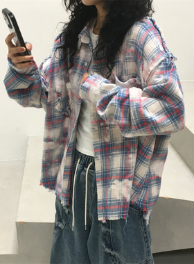 韩国代购男女UNUSED LAB流苏毛边拼接扎染褪色格子纹潮流衬衫外套