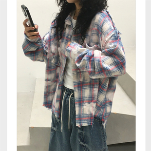 韩国代购男女UNUSED LAB流苏毛边拼接扎染褪色格子纹潮流衬衫外套