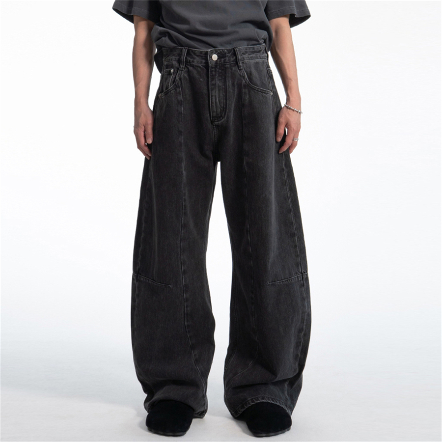 韩国男装弧形拼接重工弯刀牛仔裤