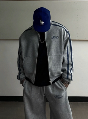 MRDONG韩国代购男装织带拼色立领开衫卫衣宽松显肩运动外套情侣款