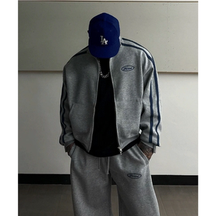 卫衣宽松显肩运动外套情侣款 织带拼色立领开衫 男装 MRDONG韩国代购