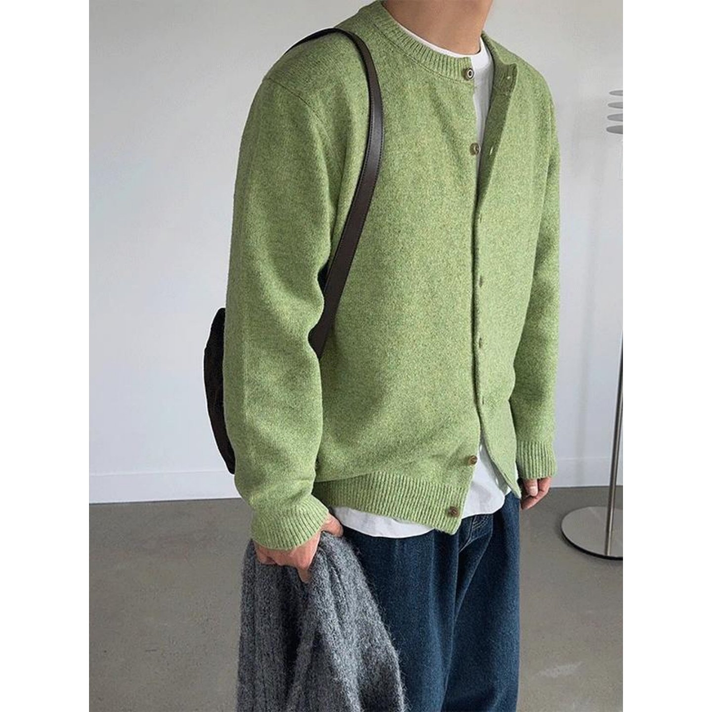 MRDONG韩国代购男装羊毛圆领纽扣开衫秋冬柔软针织外套糖果色百搭