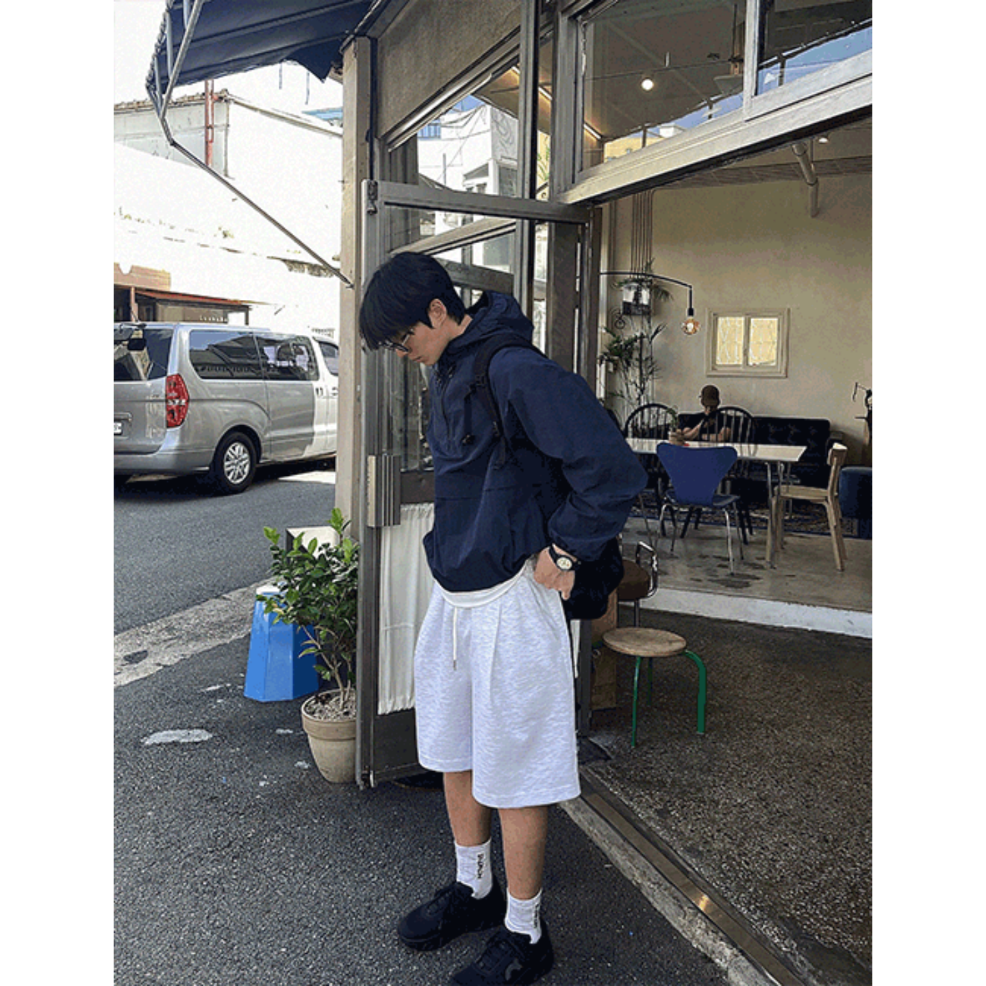 MRDONG韩国代购东大门男装立领半拉链防风尼龙格子纹连帽套头外套