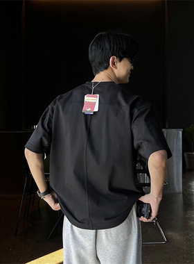 韩国男装代购直播LAINE高档USA棉重磅T字拼接重工纯色阔版短袖T恤