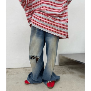 MRDONG韩国代购 复古街头宽松潮破洞 男女破洞水洗做旧直筒牛仔长裤