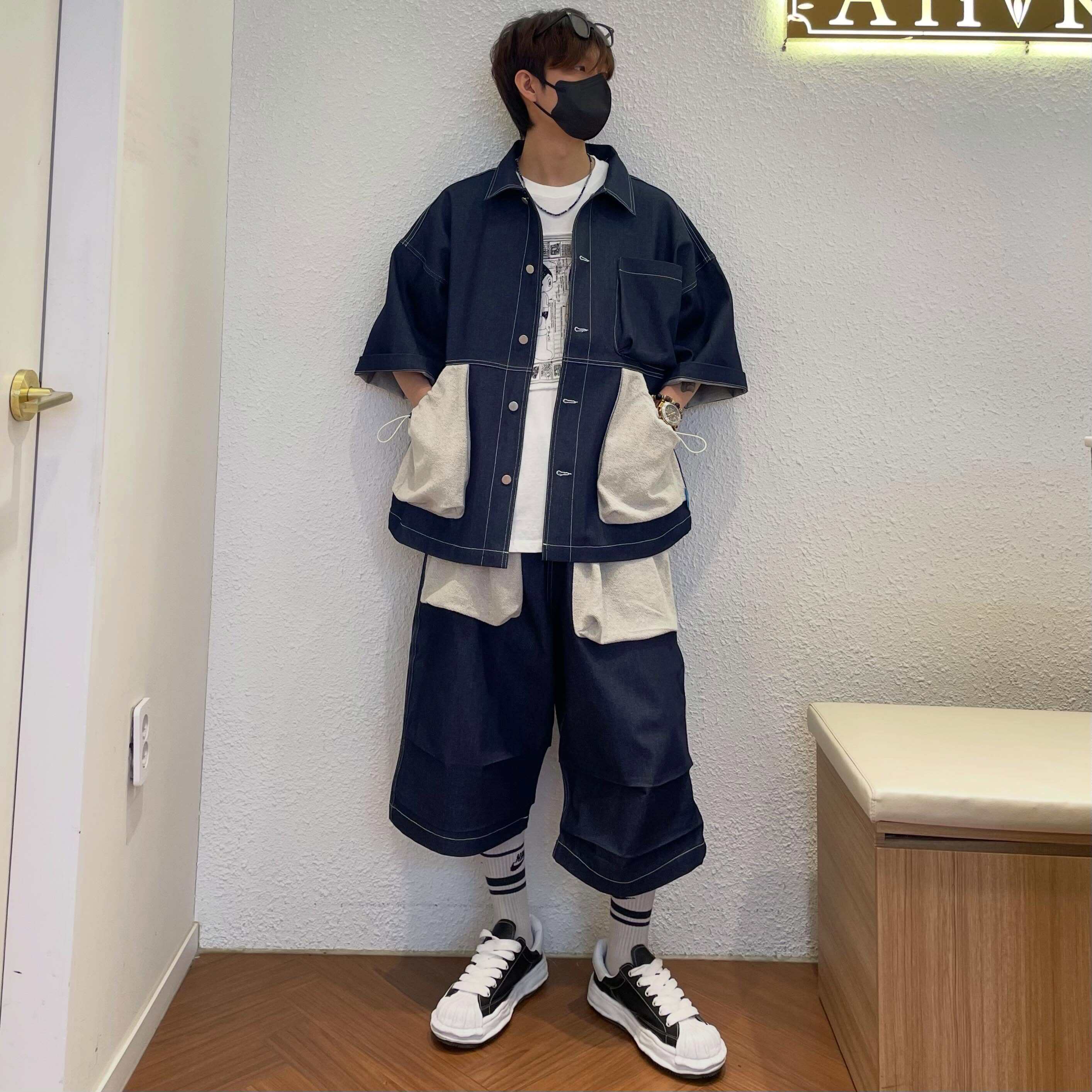 MRDONG韩国代购东大门男装反转毛圈口袋牛仔短袖衬衫外套拼色大码