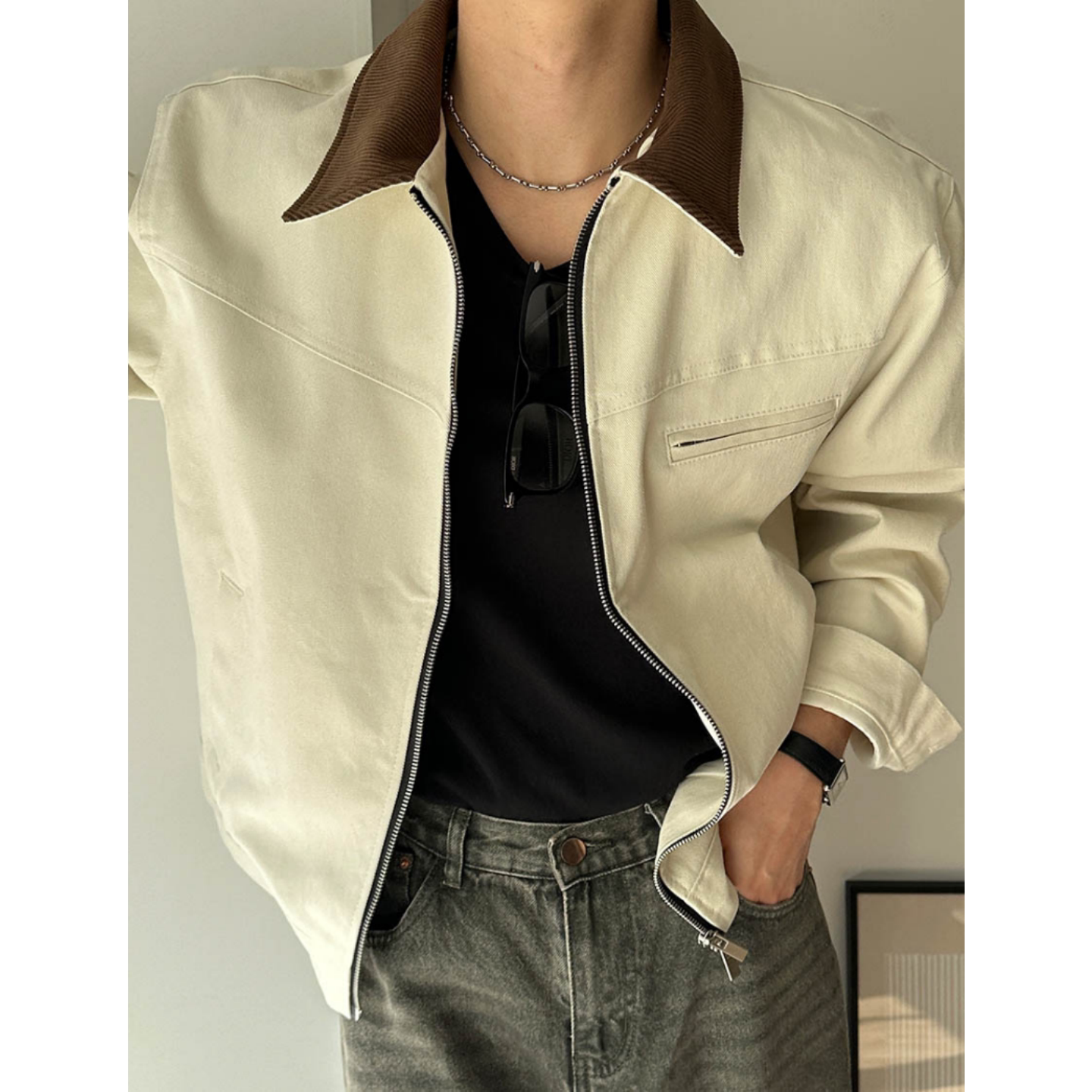 MRDONG韩国代购男装灯芯绒领工装短款夹克复古质感外套设计高端款