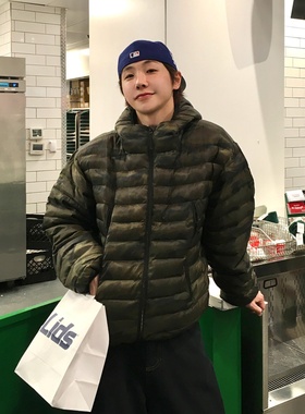 韩国代购直播福利秒杀settle窄边暗黑迷彩蓬松连帽设计师棉服外套
