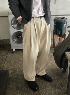 MRDONG韩国代购男装双掐褶灯芯绒压褶宽版直筒休闲长裤垂坠质感