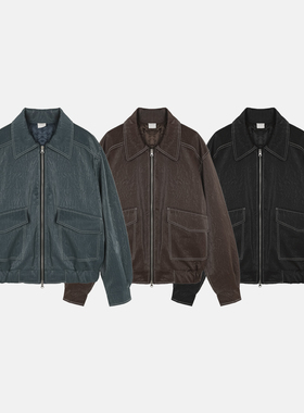 韩国代购直播男女福利秒杀supermarket重工夹棉翻领皱褶皮衣外套