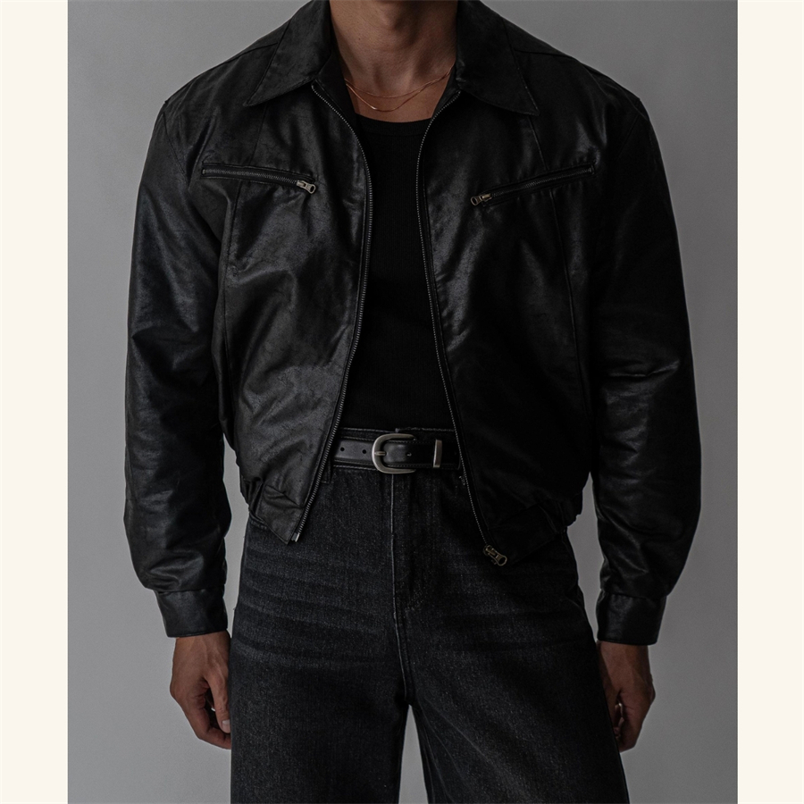 韩国男装哑光做旧收腰短款PU夹克